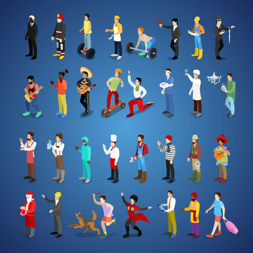 Isometric Men Character Set Different Professions With Businessman, Fireman, Lumberjack And Musician