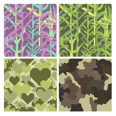 Military Pixelate Seamless Pattern Set with Grass. Camouflage Background. Camo Fashion Texture. Army Uniform. Vector illustration