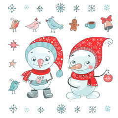 Christmas Greeting Card with cute snowman, birds and snowflakes