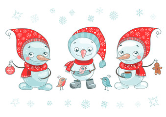 Cute set of snowmen, birds and snowflakes