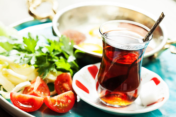 Travel concept: setup with traditional turkish breakfast