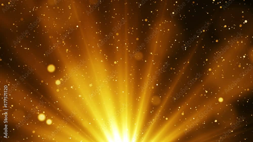 Wall mural golden abstract background with shinning particles and glitter sparks come from light at the bottom.