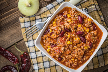 Chili con carne in a bowl.