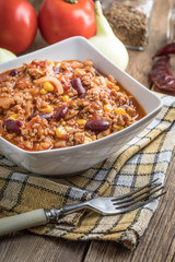 Chili con carne in a bowl.