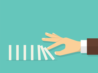 Domino effect. Man hand pushing the domino. Flat style. Vector