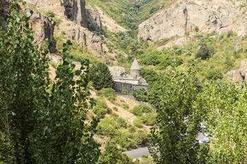 Fototapeta na wymiar The Christian temple Geghard in the mountains of Armenia