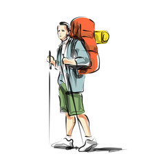 Vector color line sketch of a mountain tourist