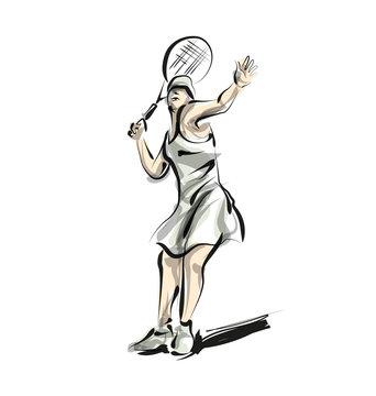 Vector color line sketch woman playing tennis