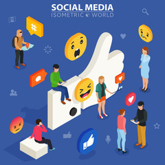 Social media isometric concept. Young people communicate with each other. Social networking and blogging. Flat design of guys and women near big symbol.