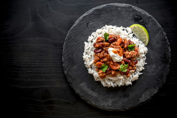 Minced meat of lamb with sauce and rice,blank space