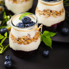 Healthy Greek Yogurt with Blueberries and Granola Parfait. Selective focus.