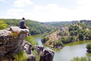 Eguzon lake see from a man sat in the high, France