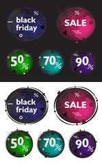 Black friday, set of modern banners in the style of the Memphis. Discount colorful circle labels with geometric elements