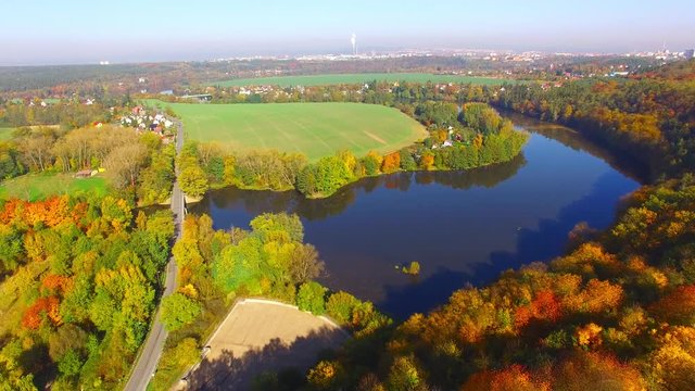 Czech Valley Reservoir in The Litice suburban district of Pilsen. Camera flight over scenic landscape in Czech Republic, Central Europe. 