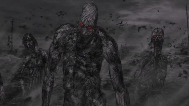 Zombie horde goes in search of people. Infection zone. End of world. Digital 2D animation. Horror fantasy genre. Red evil eyes. Spooky postapocalypse animated short film. Black and white background. 