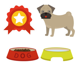 Pug dog playing vector illustration elements set flat style puppy domestic pet accessory.