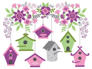 Vector Birdhouses Hanging from Blooming Branch