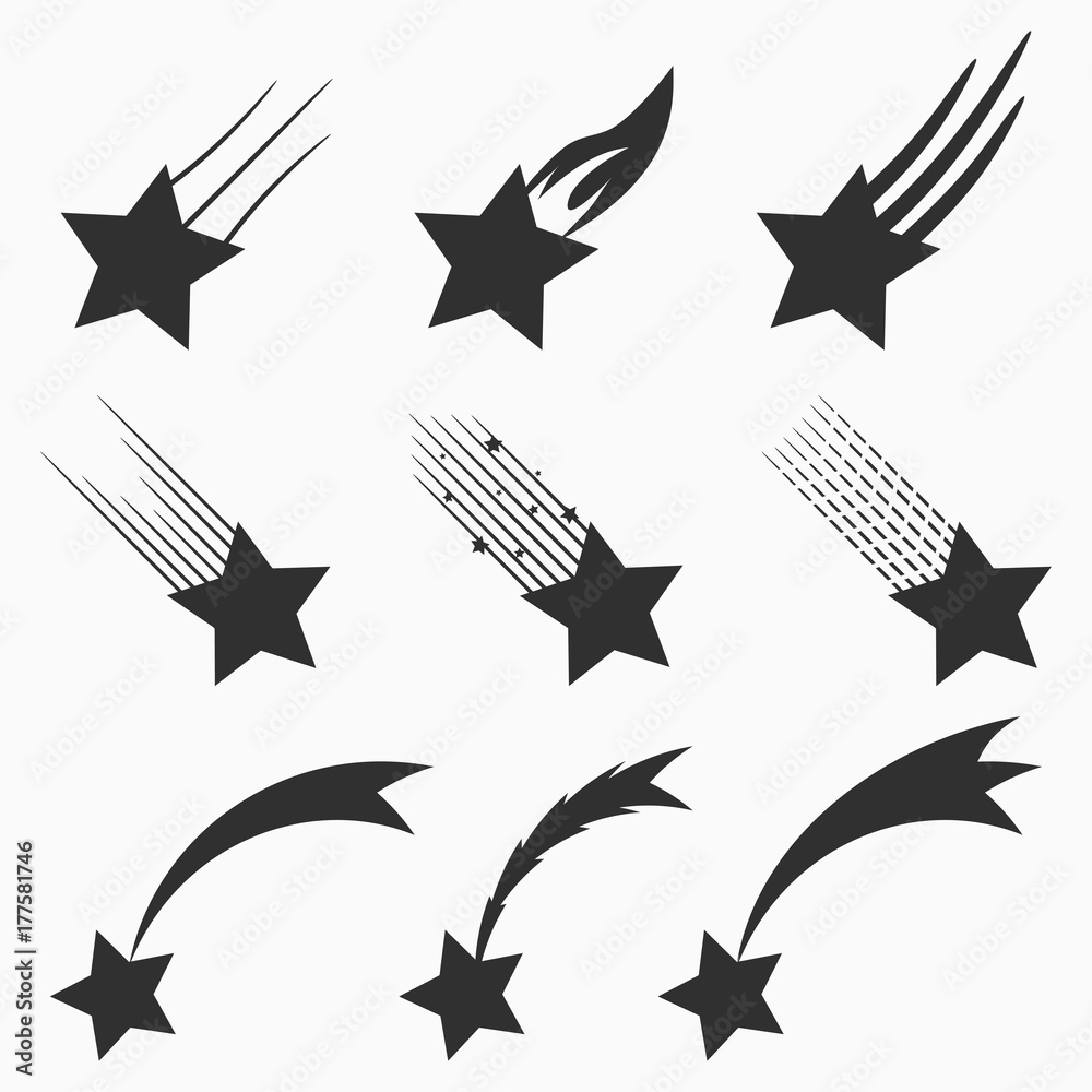 Poster Falling stars vector icons set. Shooting meteorites and comets with tails. Vector illustration.