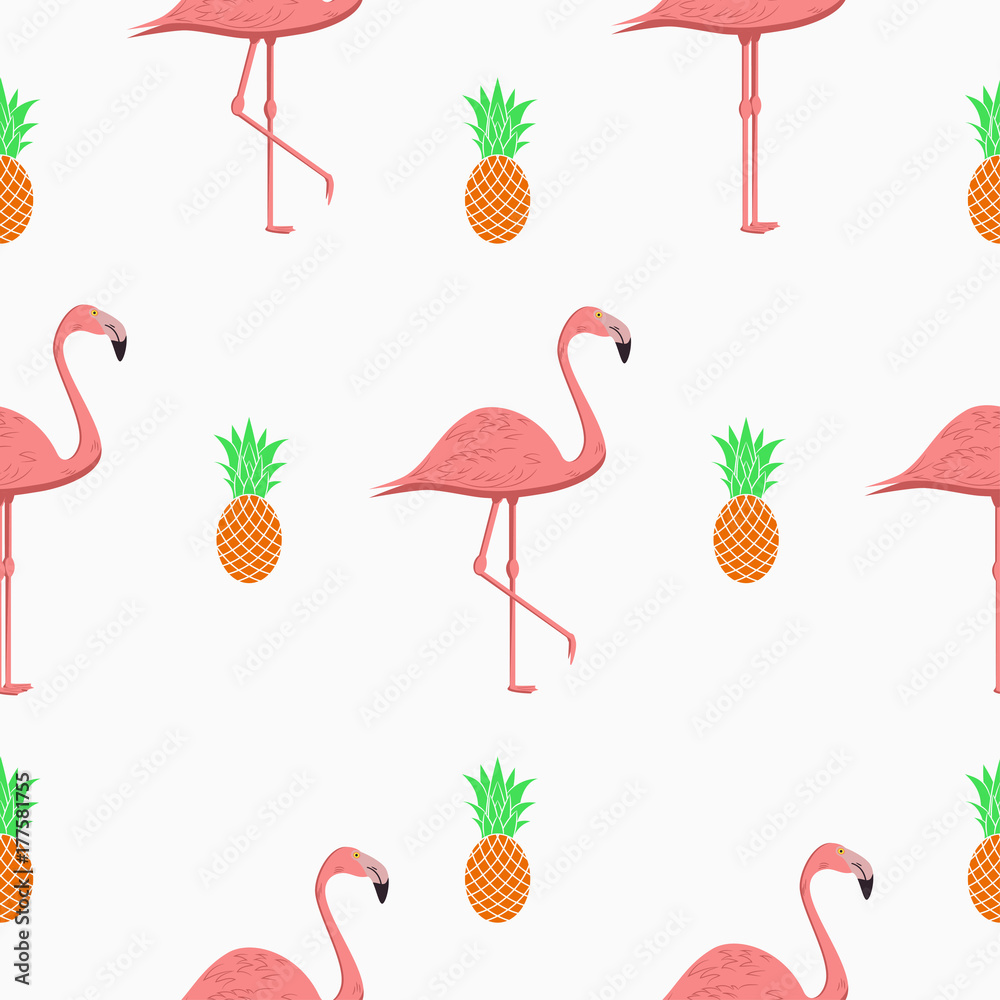 Poster seamless pattern with flamingos and pineapples. exotic tropical background. vector illustration.