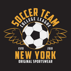 Obraz premium Soccer sports apparel with football ball with wings. Typography emblem for t-shirt. Design for athletic clothes print. Vector illustration.