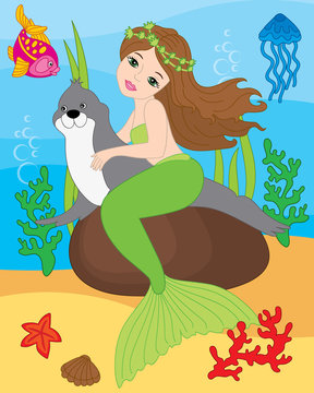 Vector Beautiful Mermaid and Sea Life Elements