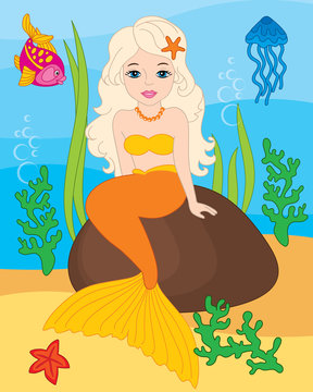 Vector Beautiful Mermaid and Sea Life Elements