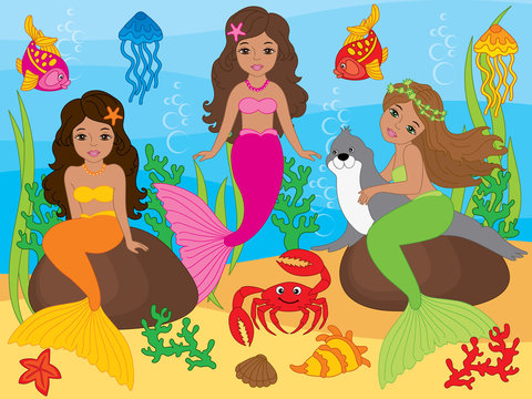 Vector Set of Beautiful African American Mermaids and Sea Life Elements