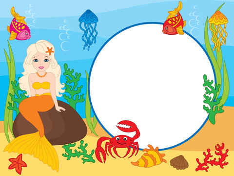 Vector Card Template with Mermaid and Sea Life Elements