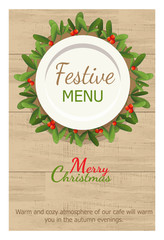 Christmas menu for restaurant or cafe. Blank plate is on a wooden table on the branches of mistletoe. Merry Christmas. tree.