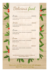 Christmas menu for restaurant or cafe. Blank plate is on a wooden table on the branches of mistletoe. Merry Christmas. tree.