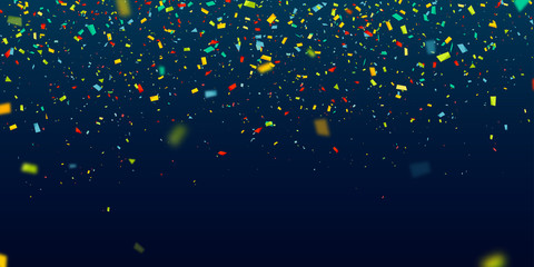 Colorful confetti falling randomly. Abstract dark background with explosion particles. Vector illustration can be used for greeting card, carnival, holiday, celebration. - obrazy, fototapety, plakaty