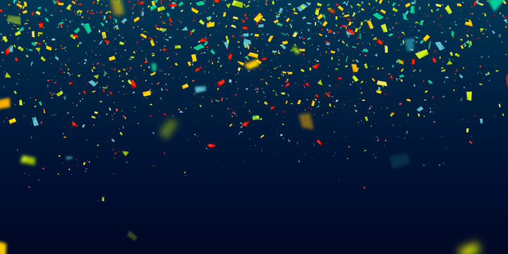 Colorful confetti falling randomly. Abstract dark background with explosion particles. Vector illustration can be used for greeting card, carnival, holiday, celebration.