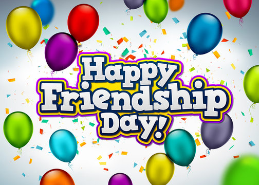 Happy Friendship day, holiday of the best friends. Vector holiday banner with confetti, multicolored balloons. Greeting card with colorful garlands of flags, festive bunting and air balloons.