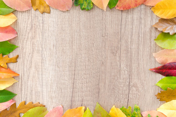 Naklejka na ściany i meble Autumn leaves on wood table