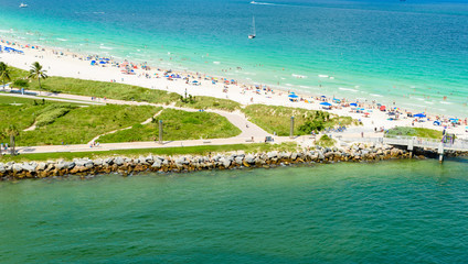 South Pointe Park and Pier at South Beach, Miami Beach. Aerial view. Paradise and tropical coast of Florida, USA.