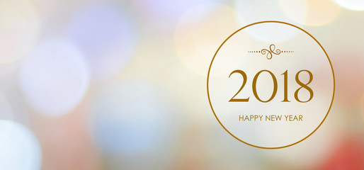 Happy New Year 2018 on blur abstract bokeh background, new year greeting card, banner with copy space for text