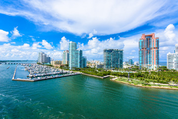 South Pointe Park and Pier at South Beach, Miami Beach. Aerial view. Paradise and tropical coast of...
