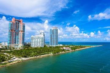 Fototapeta na wymiar South Pointe Park and Pier at South Beach, Miami Beach. Aerial view. Paradise and tropical coast of Florida, USA.