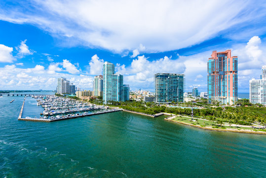 South Pointe Park and Pier at South Beach, Miami Beach. Aerial view. Paradise and tropical coast of Florida, USA.