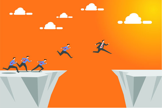 people jump over the chasm. leadership business concept illustration