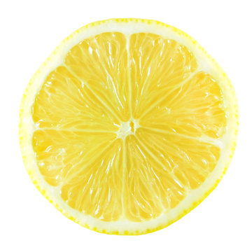 Slice of juicy yellow lemon isolated on white background