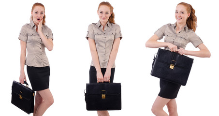 Pretty young employee with briefcase isolated on white