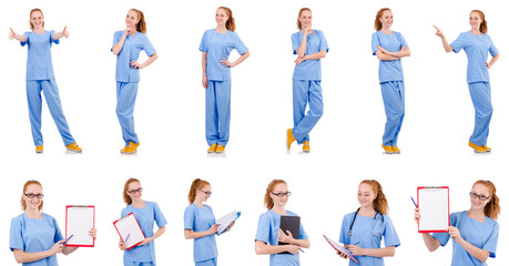 Obraz premium Pretty doctor in blue uniform isolated on white