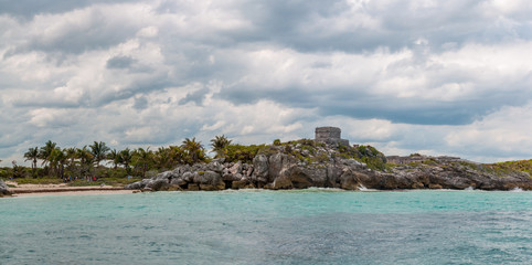 Obraz premium Panoramic View of The Castle at Tulum Ruins from the Ocean, Quintana Roo, Mexico