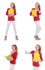 Young student with books on white