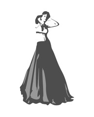 Sexy woman silhouette in evening dress. Girl rise her hands to head. Monochrome illustration