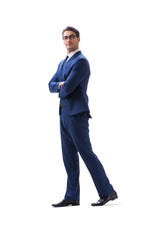 Businessman walking standing side view isolated on white backgro