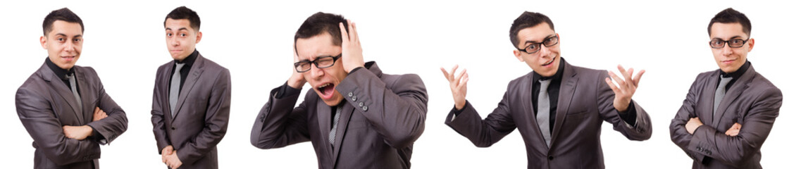 Young man in gray suit isolated on white