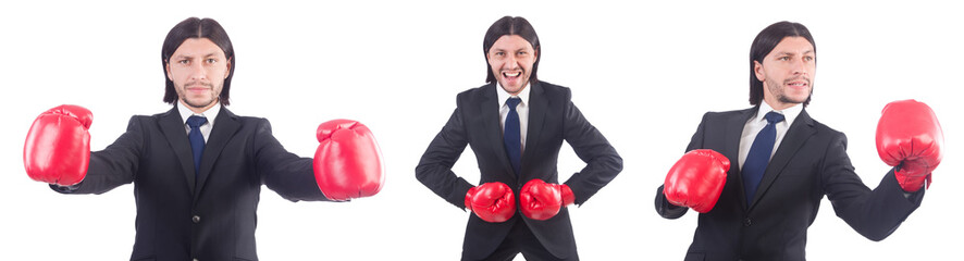 Businessman with boxing gloves on white