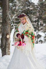 bride in red scarf Russian style